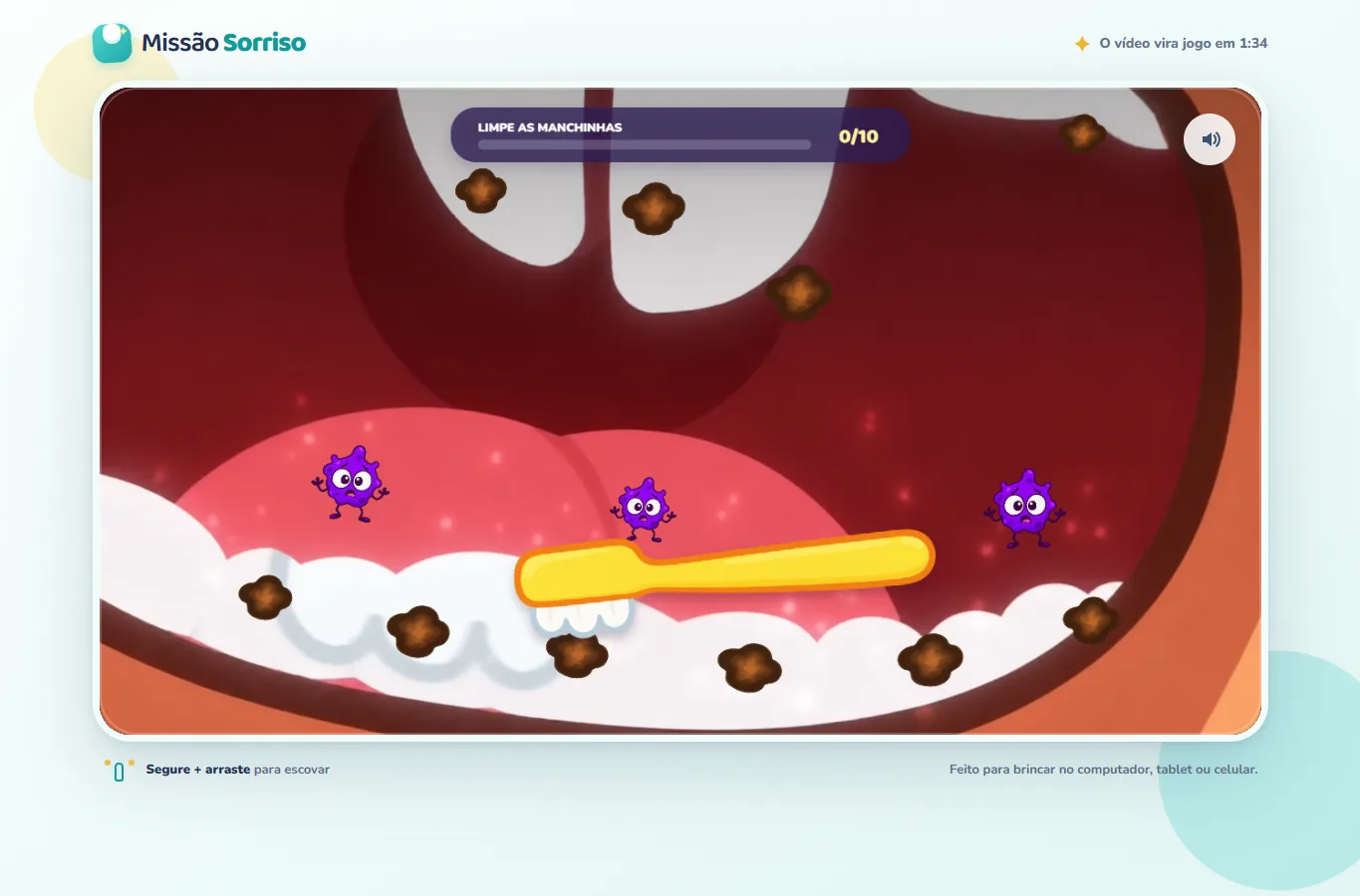 Minigame de escovação Missão Sorriso