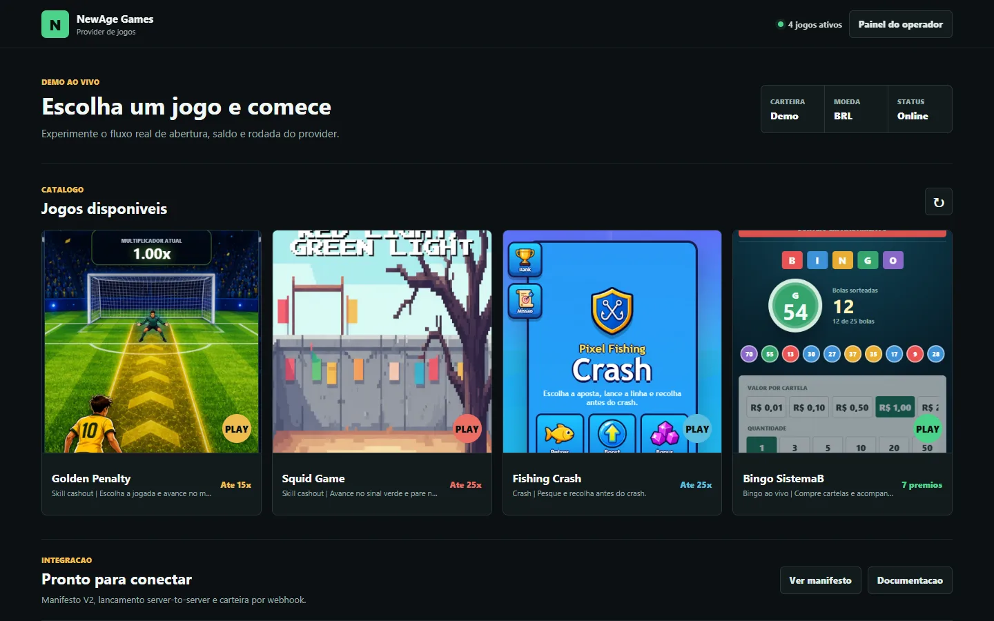 Catálogo da plataforma NewAge Games com quatro jogos
